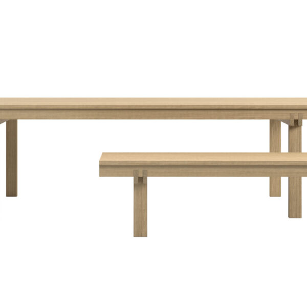 “Rear view of Mathare bench in blue-lacquered oak, showing its low profile and subtle floating effect under the tabletop.”