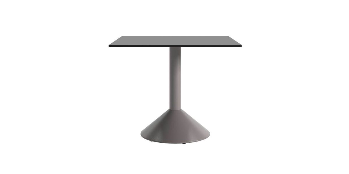 “Overhead shot of Lud’o Tech table showing circular tabletop and centered cone base finished in violet-blue.”