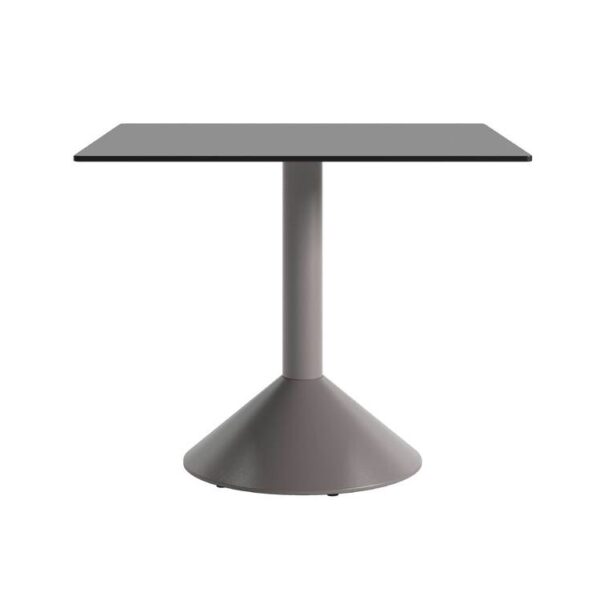 “Overhead shot of Lud’o Tech table showing circular tabletop and centered cone base finished in violet-blue.”