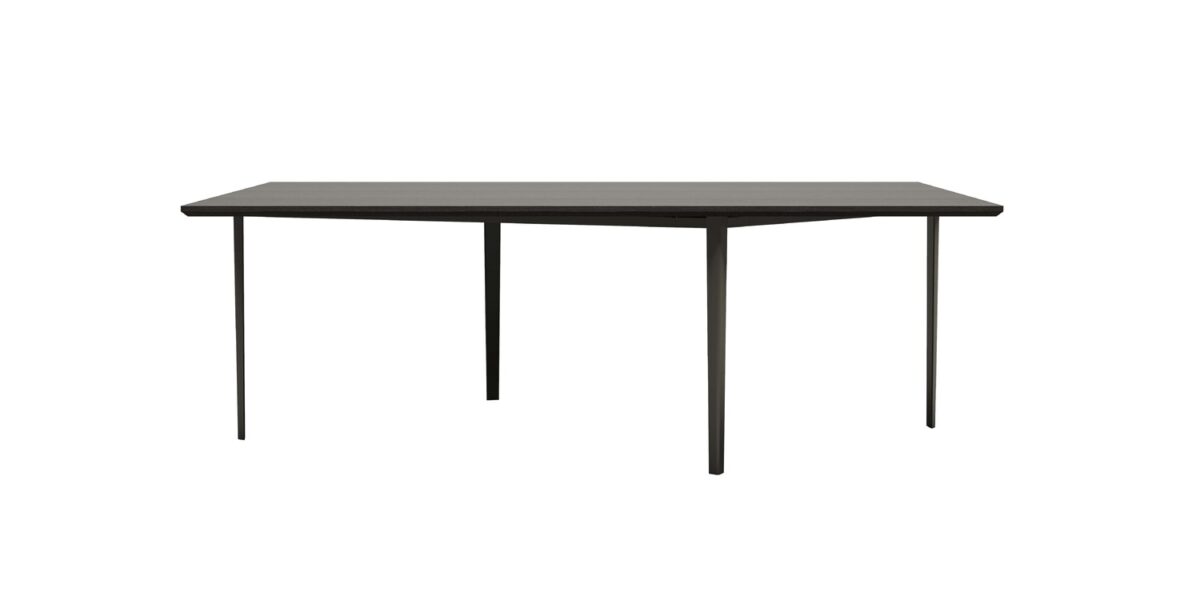 “Environmental shot of black Openup table set in a spacious room, light filtering through its open, airy structure.”