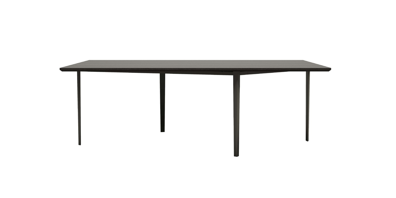 “Environmental shot of black Openup table set in a spacious room, light filtering through its open, airy structure.”