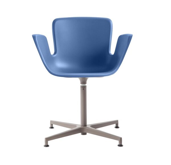 "Juli Plastic chair with optional removable cushion, white shell on four-star castor base in an office setting."