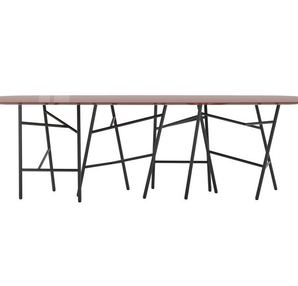 “Detail view capturing the contrast between Centipede table’s thin tabletop and its robust, repeating metal and brass support structure.”