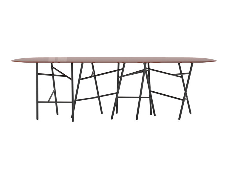 “Detail view capturing the contrast between Centipede table’s thin tabletop and its robust, repeating metal and brass support structure.”