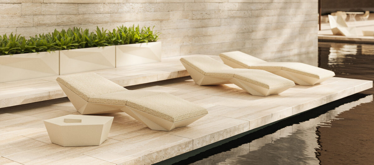 High-end Faz Sun Chaise Longue by Ramón Esteve for Vondom, modern Spanish outdoor furniture for Troy, Michigan.