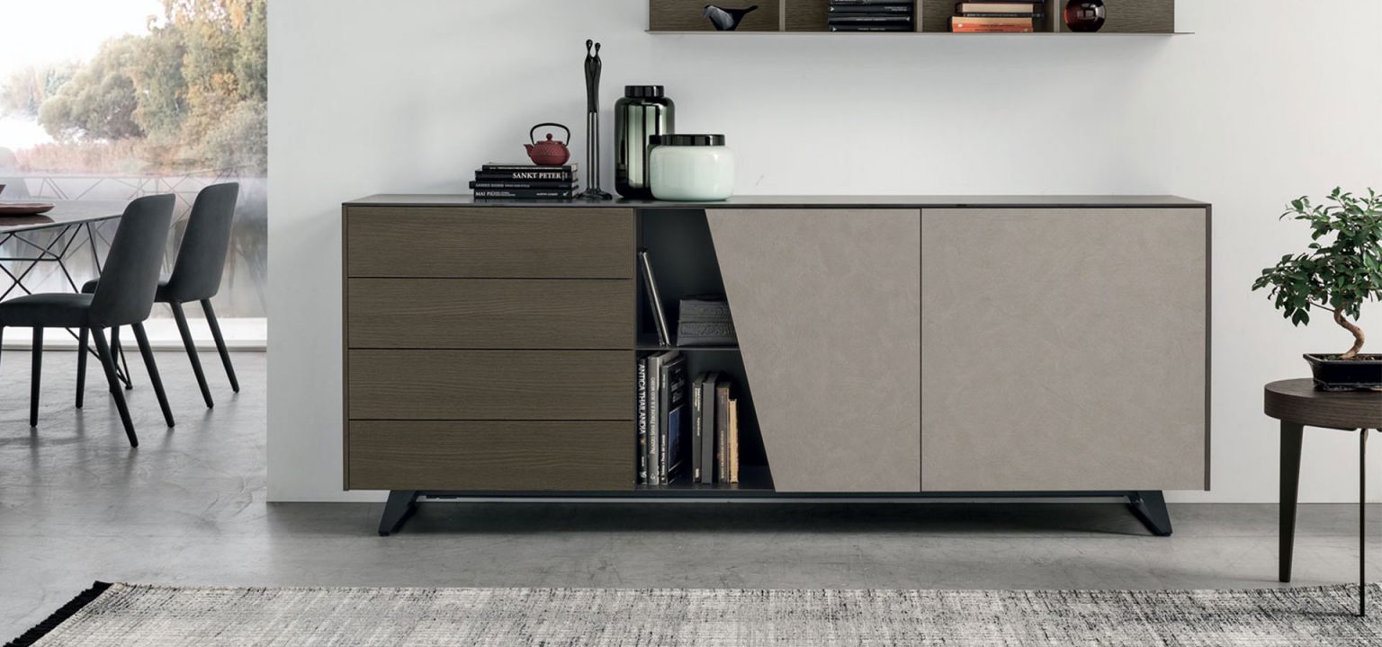 “Diagonal sideboard by Tomasella – modern Italian storage unit with distinctive angled front panels and minimalist form”