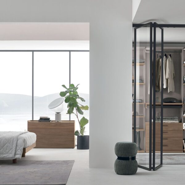 “Doxa Walk-in wardrobe by Tomasella – modern Italian open wardrobe with matte finish and modular shelving”