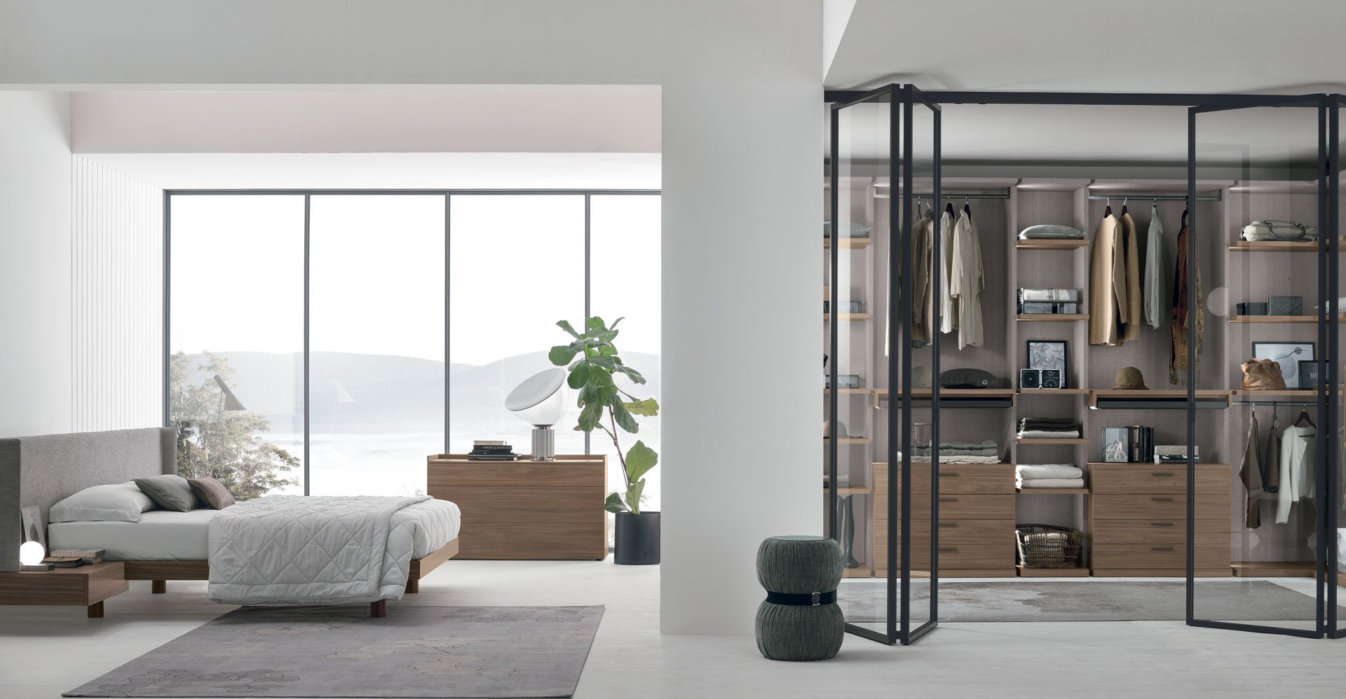 “Doxa Walk-in wardrobe by Tomasella – modern Italian open wardrobe with matte finish and modular shelving”
