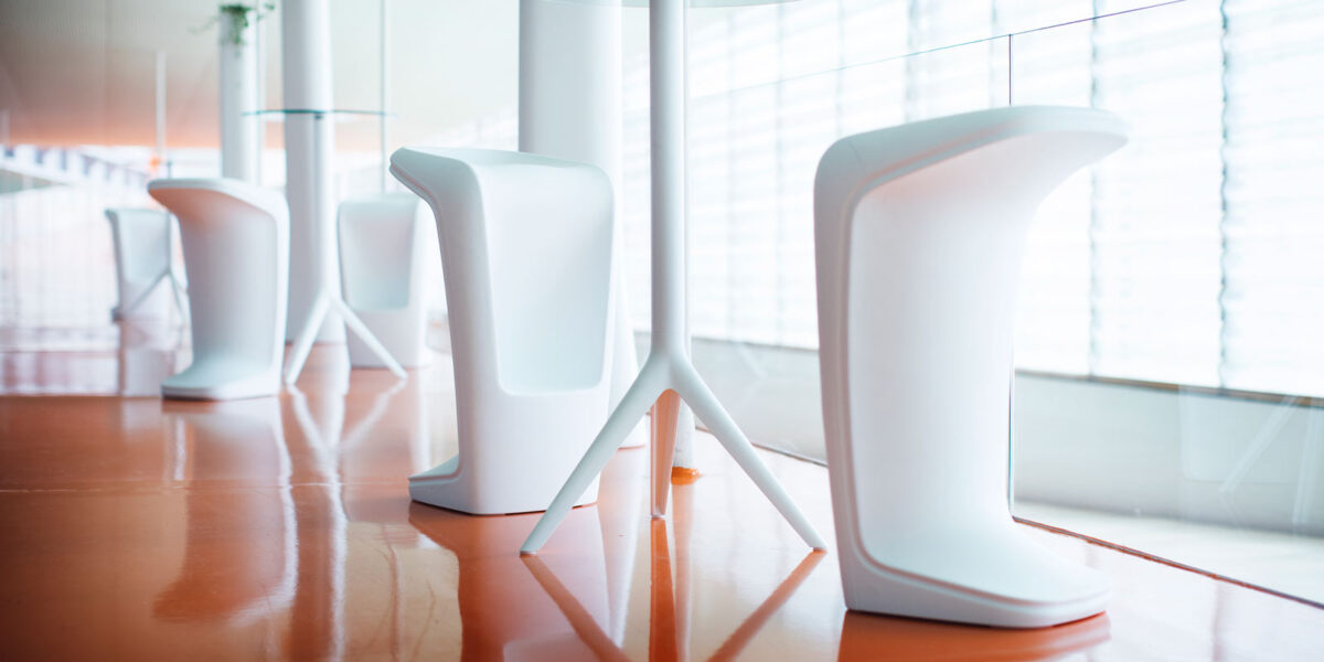 Luxury contemporary Ufo organic bar stool by Vondom, designer fluid indoor-outdoor seating for Royal Oak, Michigan.