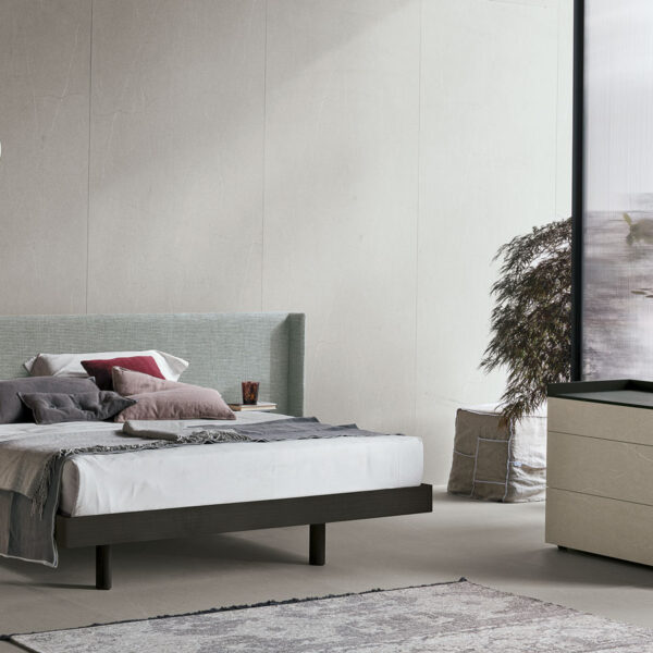 “Fusion bed by Tomasella – modern Italian bed with upholstered headboard featuring vertical panels and clean-lined base”
