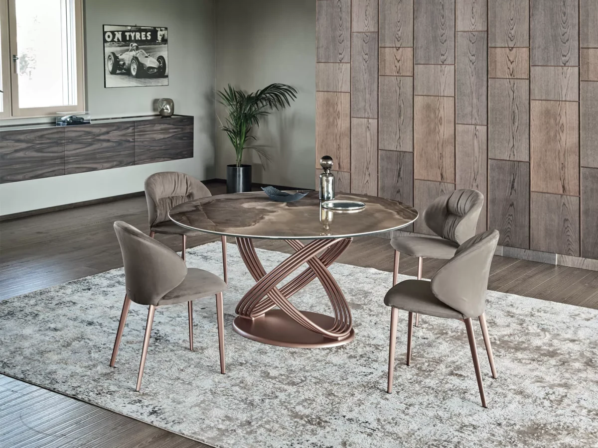 Contemporary Fusion Round by Bontempi with anthracite velvet‑matt glass top and matching interwoven steel base.