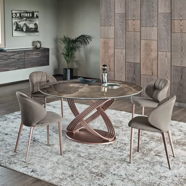 Contemporary Fusion Round by Bontempi with anthracite velvet‑matt glass top and matching interwoven steel base.