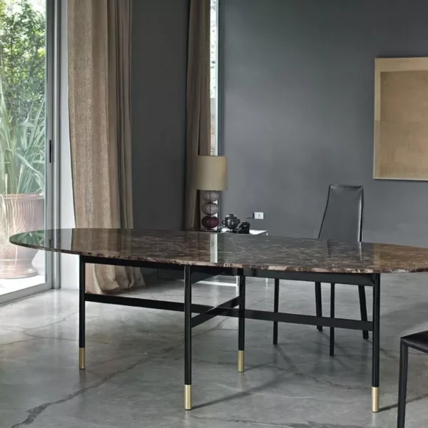 Glamour by Bontempi – Ø150 cm round dining table with glossy black SuperMarble top and cross-braced lacquered steel legs with contrasting metal feet.