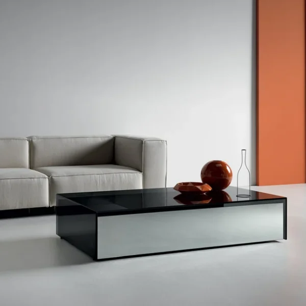 Gotham Low Table by Tonelli Design featuring smoked glass frame and black wooden drawers with smoked mirror fronts, displayed in Royal Oak, Michigan.