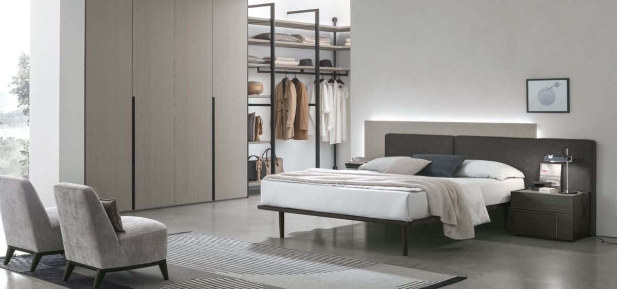 “Halifax bed by Tomasella – modern Italian bed with upholstered headboard, sleek frame, and contemporary minimalist design”