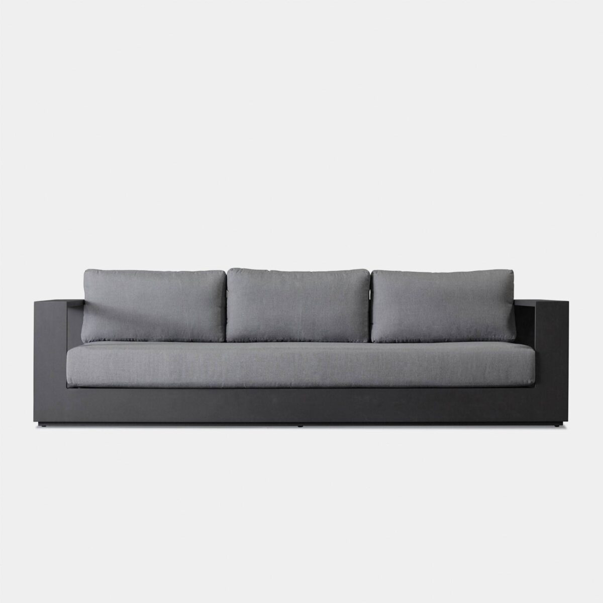 “Angled view of Hayman Aluminum 3 Seat Sofa – elegant outdoor lounge seating with plush neutral cushions”