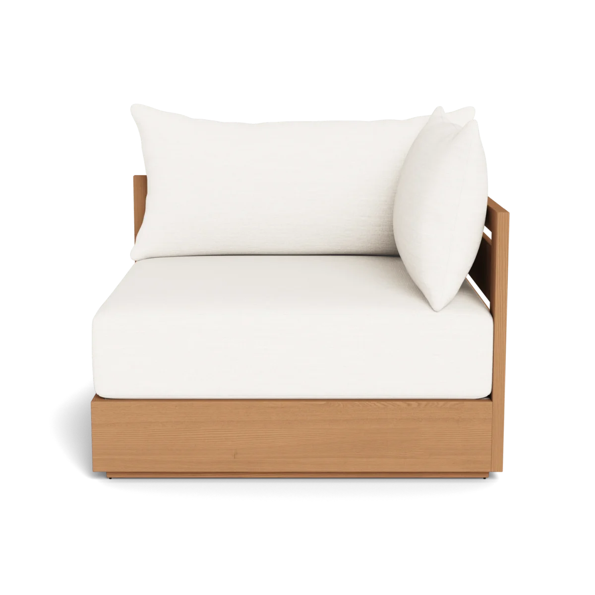 “Side profile of Harbour Hayman Corner Module – crafted teak joinery with coastal-inspired comfort”
