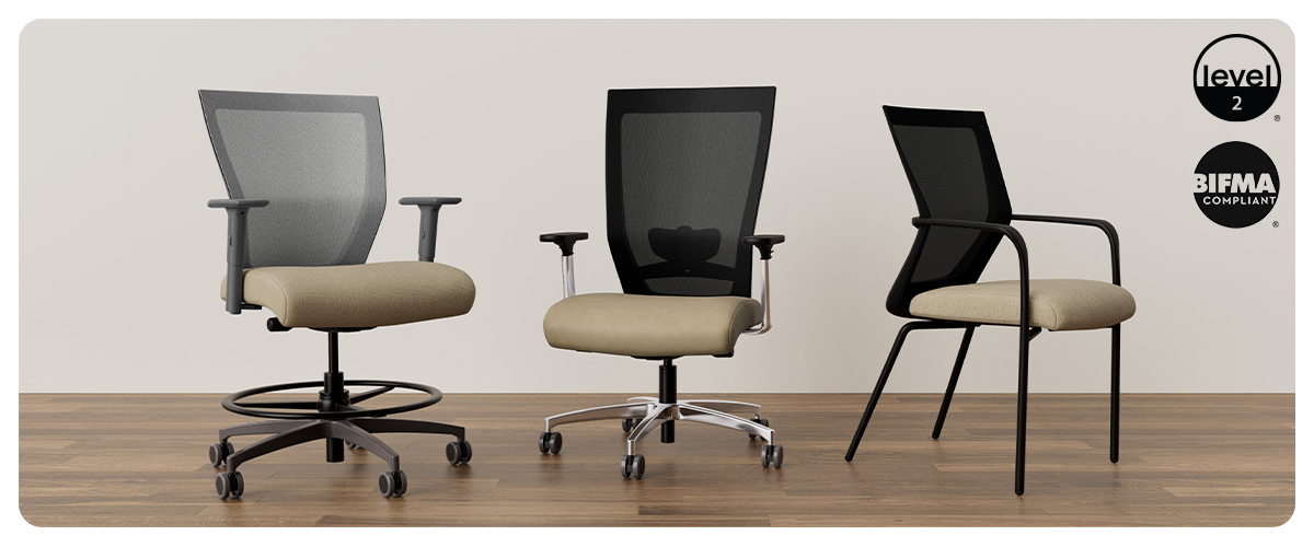 Run II ergonomic task chair by Via Seating with black mesh back and fabric seat.