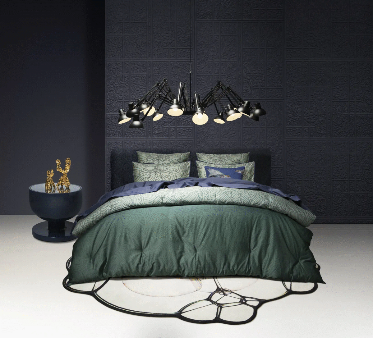 Modern Dodo Pavone comforter by Moooi, perfect for a designer bedroom in Royal Oak, Michigan.