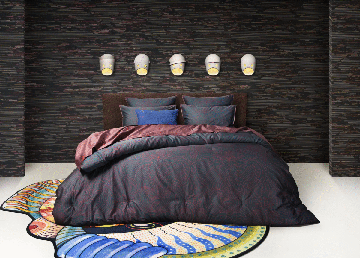 Modern Dodo Pavone comforter by Moooi, perfect for a designer bedroom in Royal Oak, Michigan.