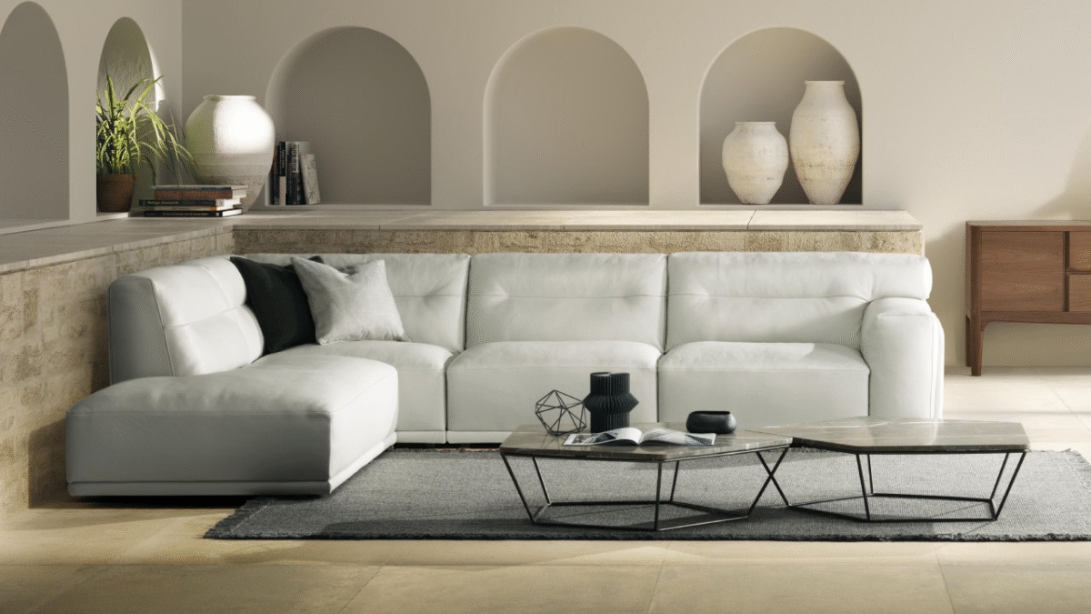 Luxury contemporary Dorian sofa by Natuzzi, a high-end Italian design for Birmingham, Michigan.