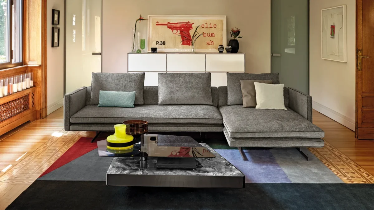 “Arketipo Moss Italian sofa with soft upholstery at Troy Michigan showroom”