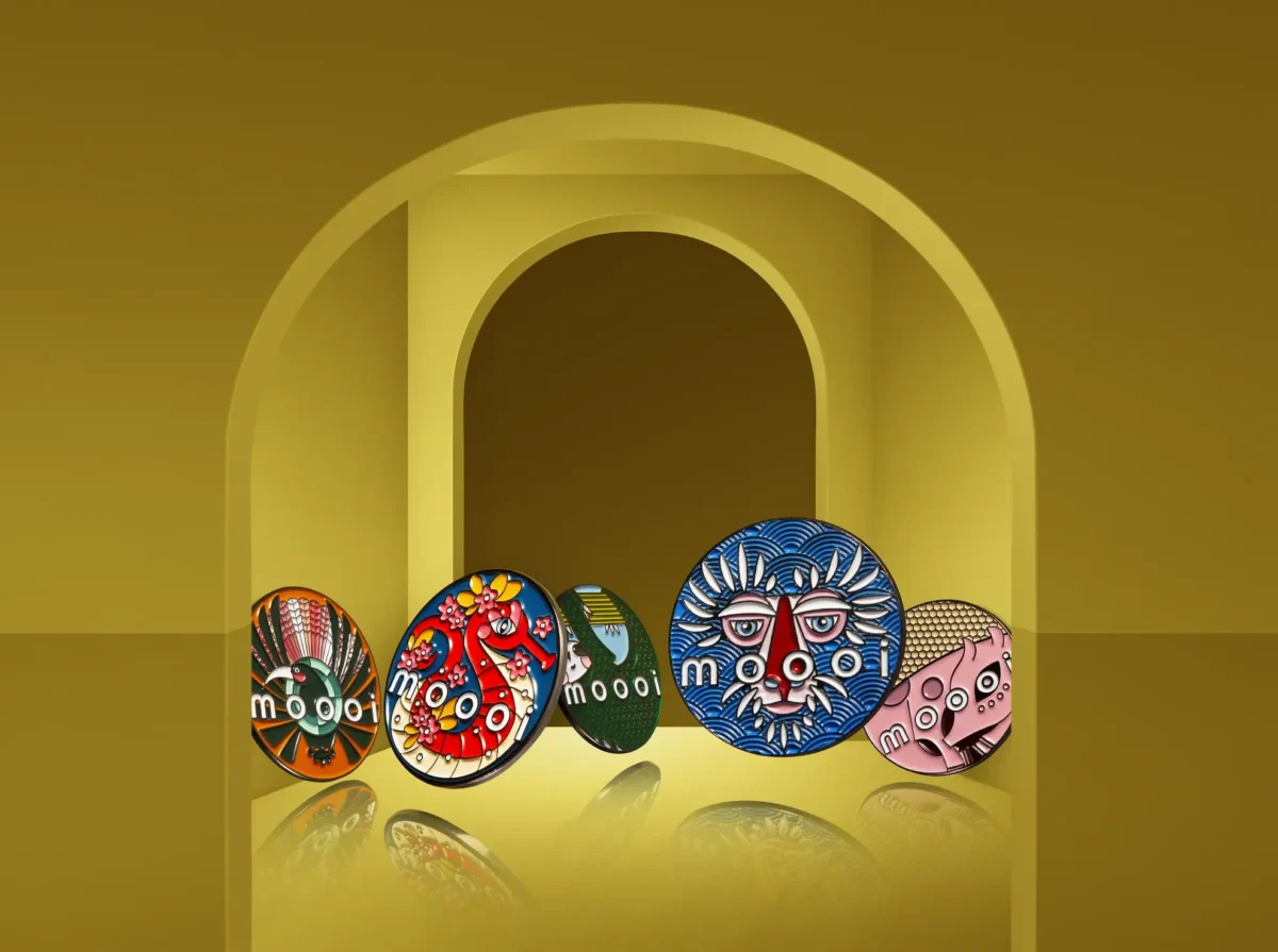 Extinct Animal Pins by Moooi, featuring mythical and extinct creatures like the Armoured Boar and Blooming Seadragon.