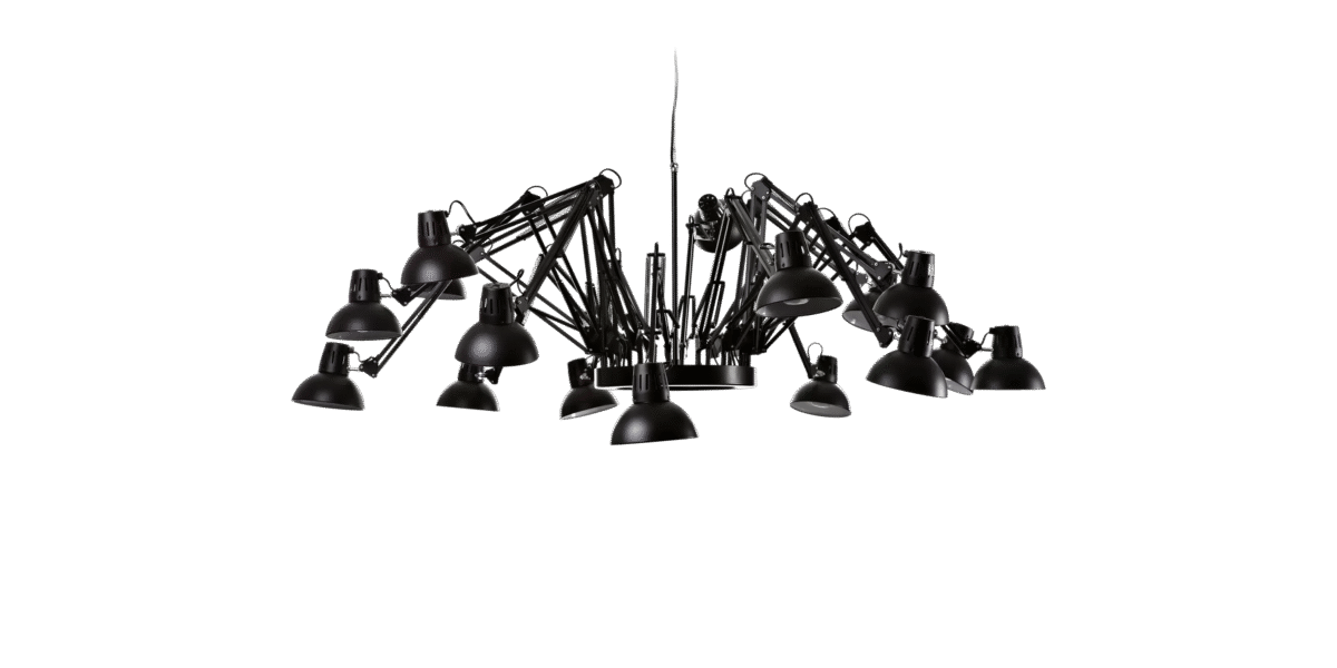 Sculptural Dear Ingo chandelier by Moooi, designed by Ron Gilad, featuring 16 adjustable lamps in a dynamic arrangement, available in Royal Oak, Michigan.