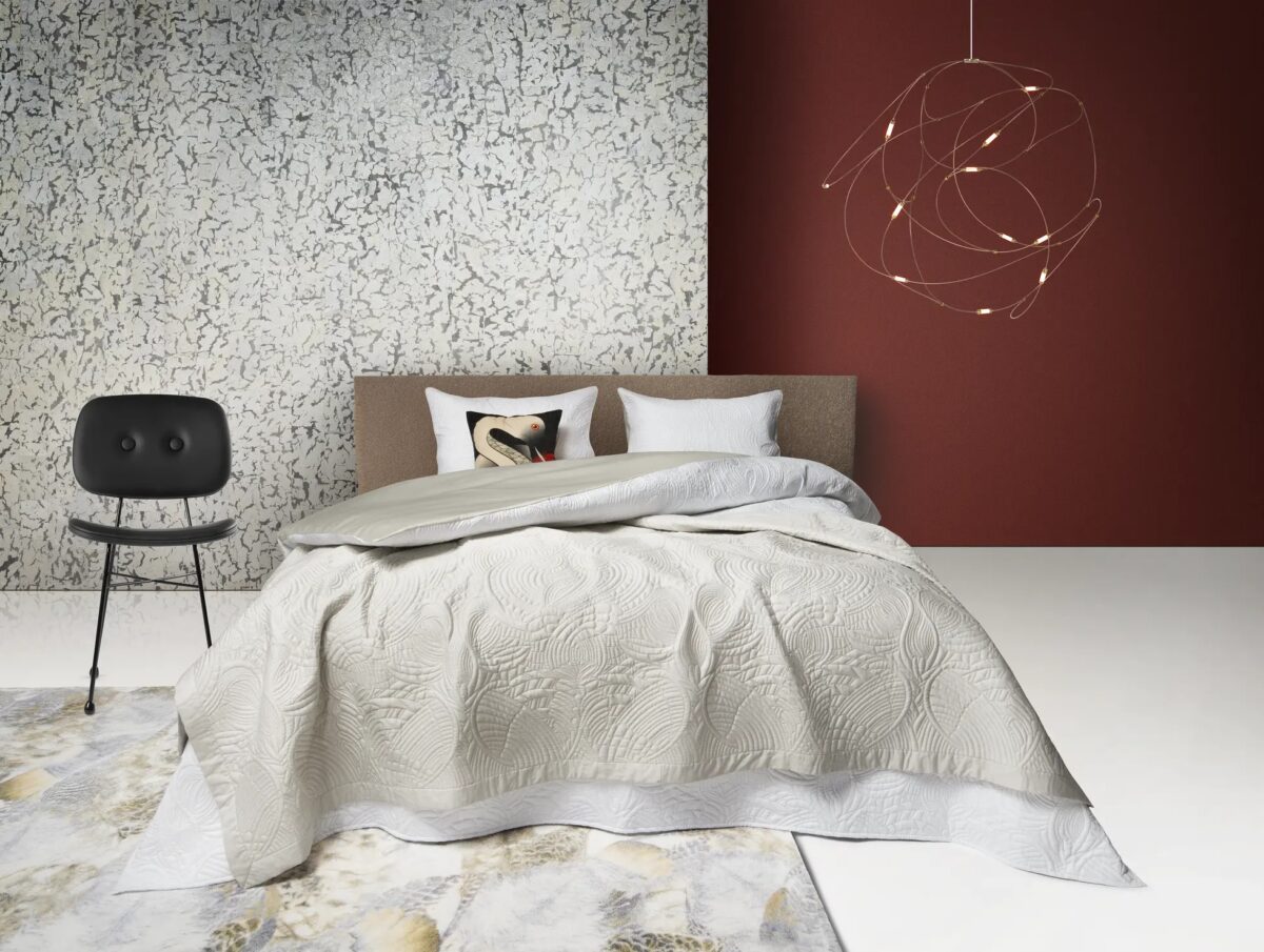 Luxury contemporary Embroidered Dodo Pavone Bedspread by Moooi, high-end Dutch design home textile for Birmingham, Michigan.