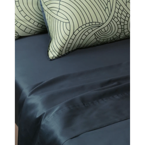 Dodo Pavone Flat Sheet by Moooi in green cotton sateen, displayed in Royal Oak, Michigan.