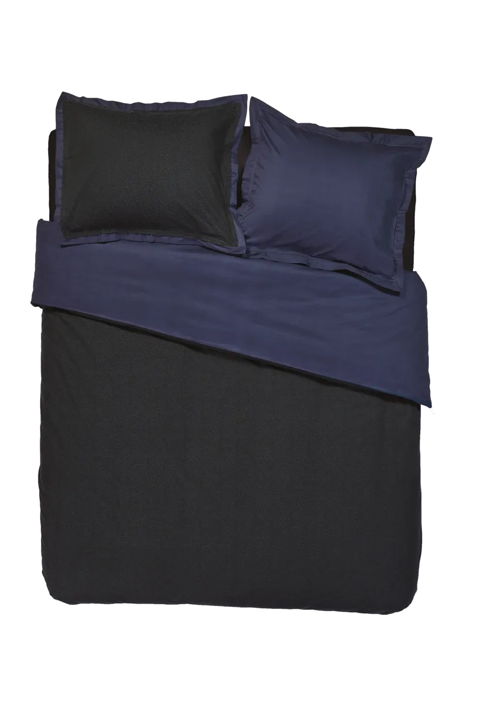 Calligraphy Bird Duvet Cover by Moooi in deep blue, featuring jacquard-woven 100% cotton with subtle feather patterns, displayed in Royal Oak, Michigan showroom.