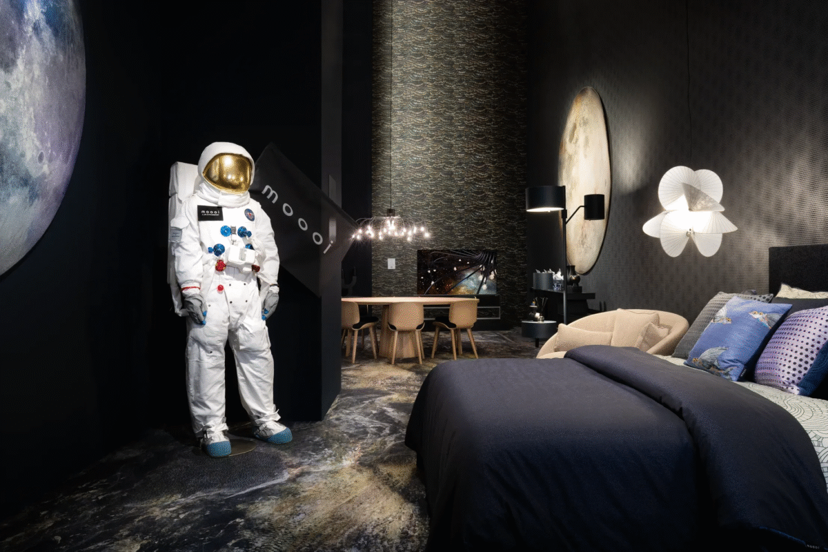 Calligraphy Bird Duvet Cover by Moooi in deep blue, featuring jacquard-woven 100% cotton with subtle feather patterns, displayed in Royal Oak, Michigan showroom.