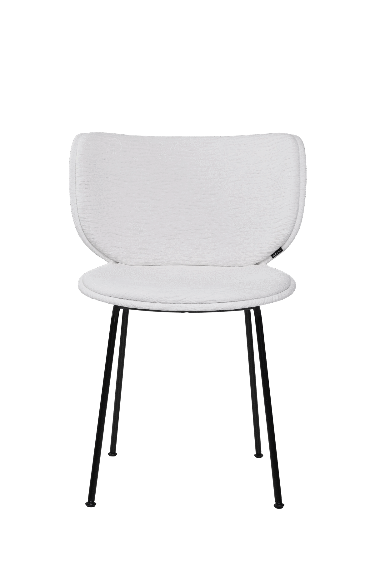 Hana Chair Upholstered by Moooi with petal-shaped backrest, upholstered seat in Liscio Grigio Blu Scuro fabric, and matte black metal legs, displayed in Royal Oak, Michigan.