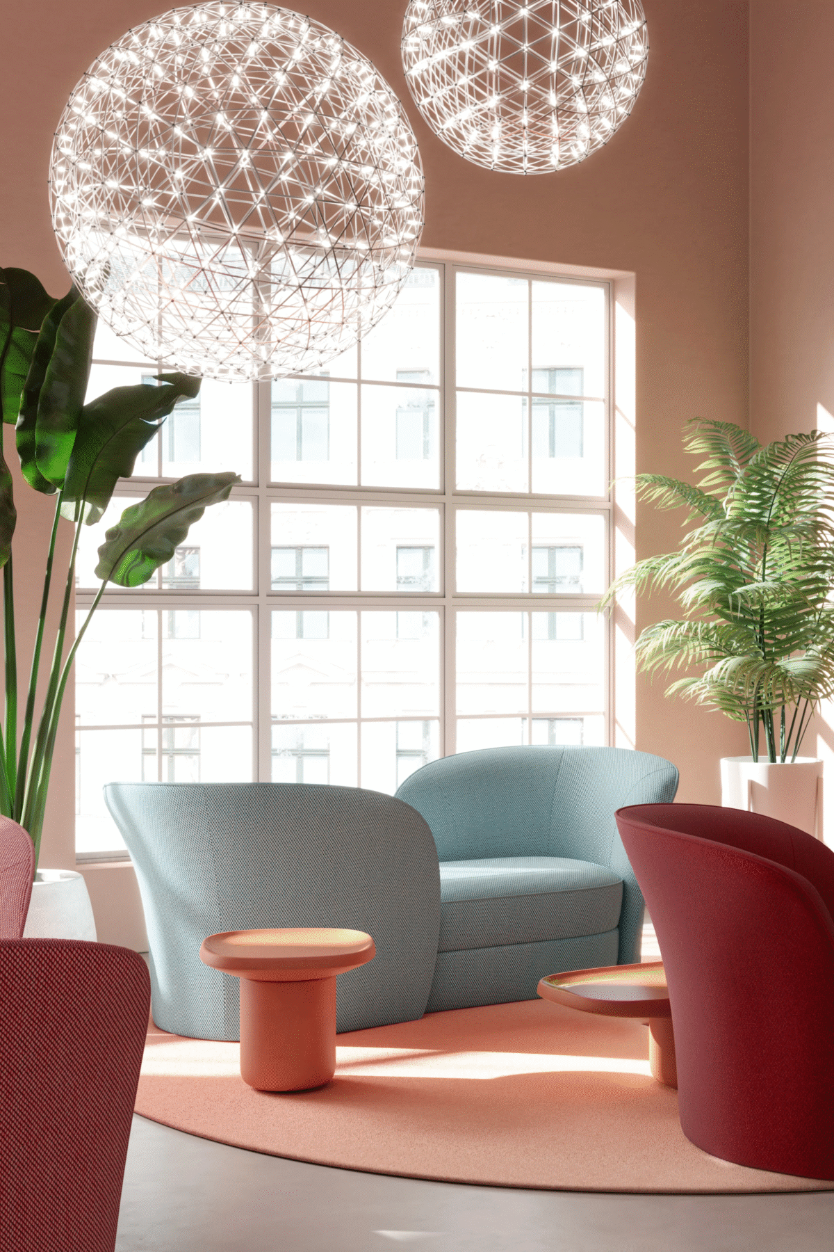 Aldora Vis a Vis sofa by Moooi with sculptural calla lily-inspired backrests, upholstered in Abbracci fabric, displayed in Royal Oak, Michigan.