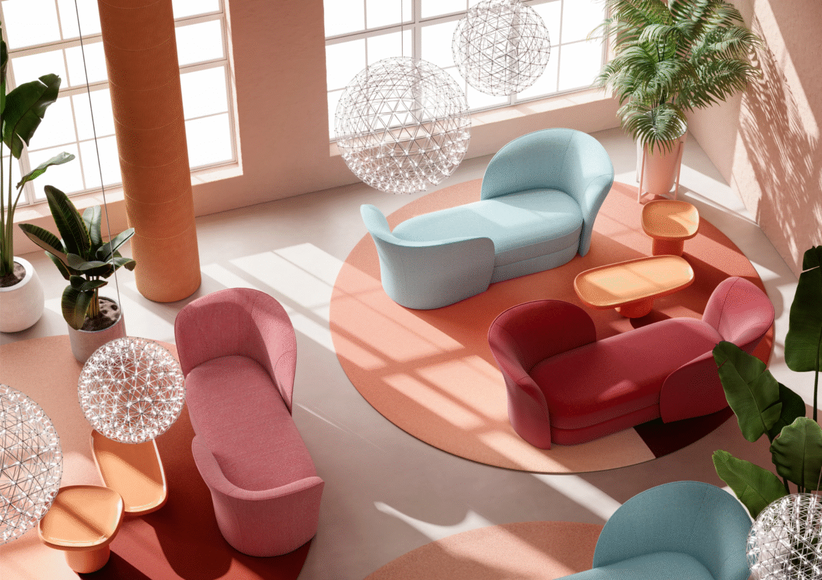 Aldora Vis a Vis sofa by Moooi with sculptural calla lily-inspired backrests, upholstered in Abbracci fabric, displayed in Royal Oak, Michigan.