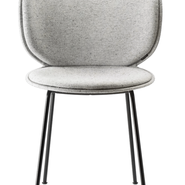 Hana Chair Upholstered by Moooi with petal-shaped backrest, upholstered seat in Liscio Grigio Blu Scuro fabric, and matte black metal legs, displayed in Royal Oak, Michigan.