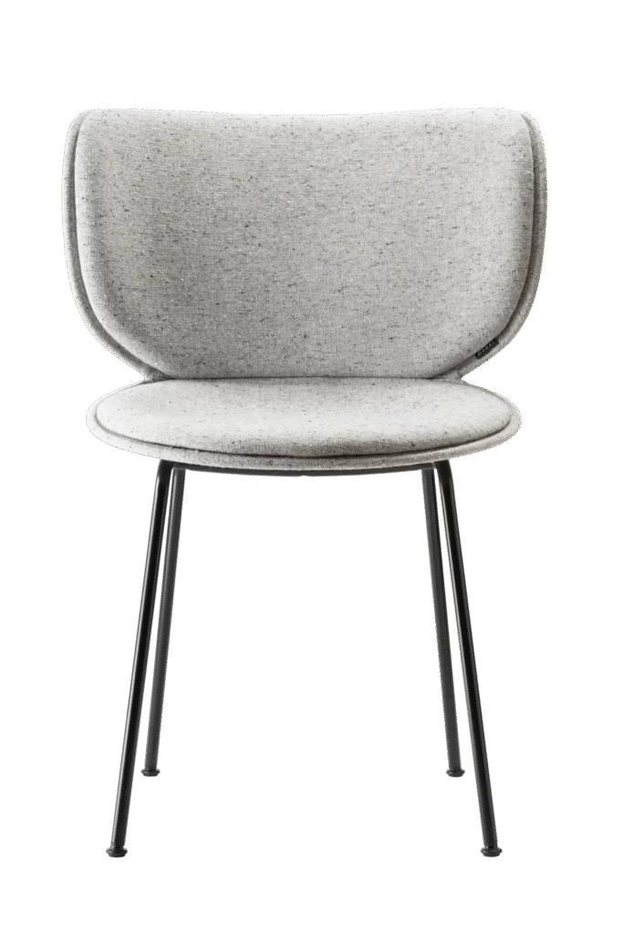 Hana Chair Upholstered by Moooi with petal-shaped backrest, upholstered seat in Liscio Grigio Blu Scuro fabric, and matte black metal legs, displayed in Royal Oak, Michigan.