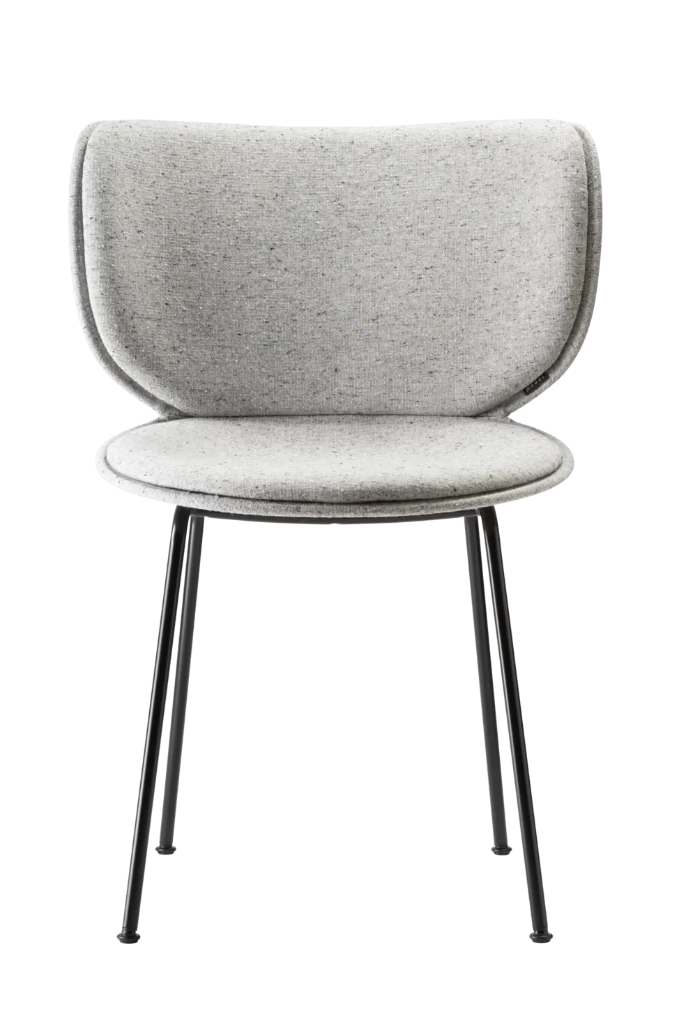 Hana Chair Upholstered by Moooi with petal-shaped backrest, upholstered seat in Liscio Grigio Blu Scuro fabric, and matte black metal legs, displayed in Royal Oak, Michigan.