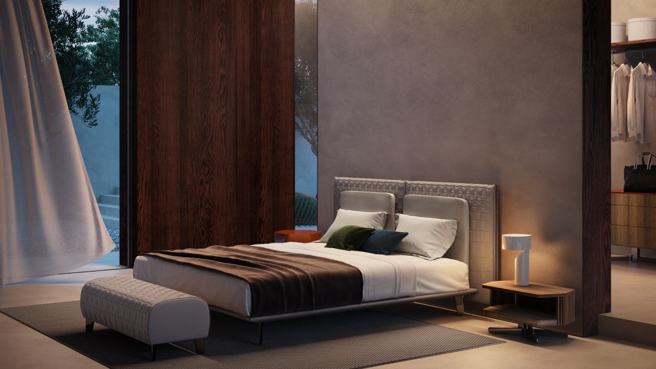 Luxury contemporary Campus Bed by Manzoni and Tapinassi for Natuzzi Italia, high-end Italian bedroom furniture for Birmingham, Michigan.