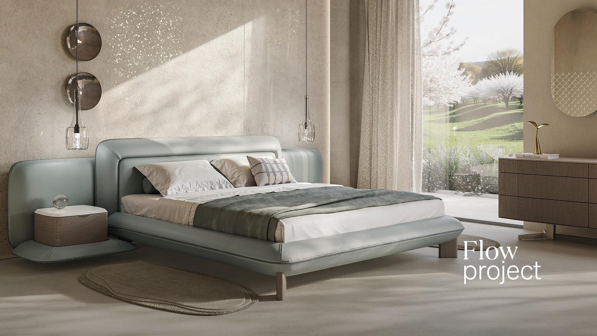 Modern Flow Bed by Manzoni and Tapinassi for Natuzzi Italia, high-end Italian bedroom furniture for Royal Oak, Michigan.