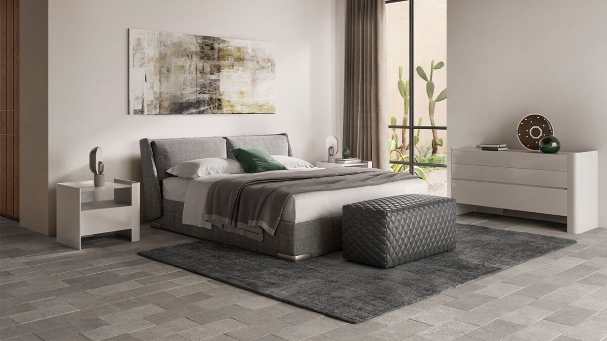 Modern Italian Sophia B minimalist fabric bed by Natuzzi, high-end comfortable luxury sleeping for Birmingham, Michigan.