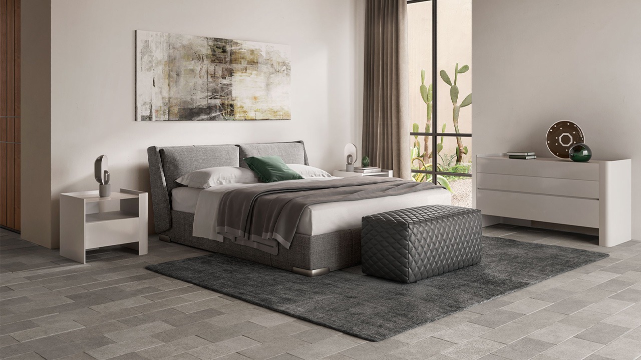 Modern Italian Sophia B minimalist fabric bed by Natuzzi, high-end comfortable luxury sleeping for Birmingham, Michigan.