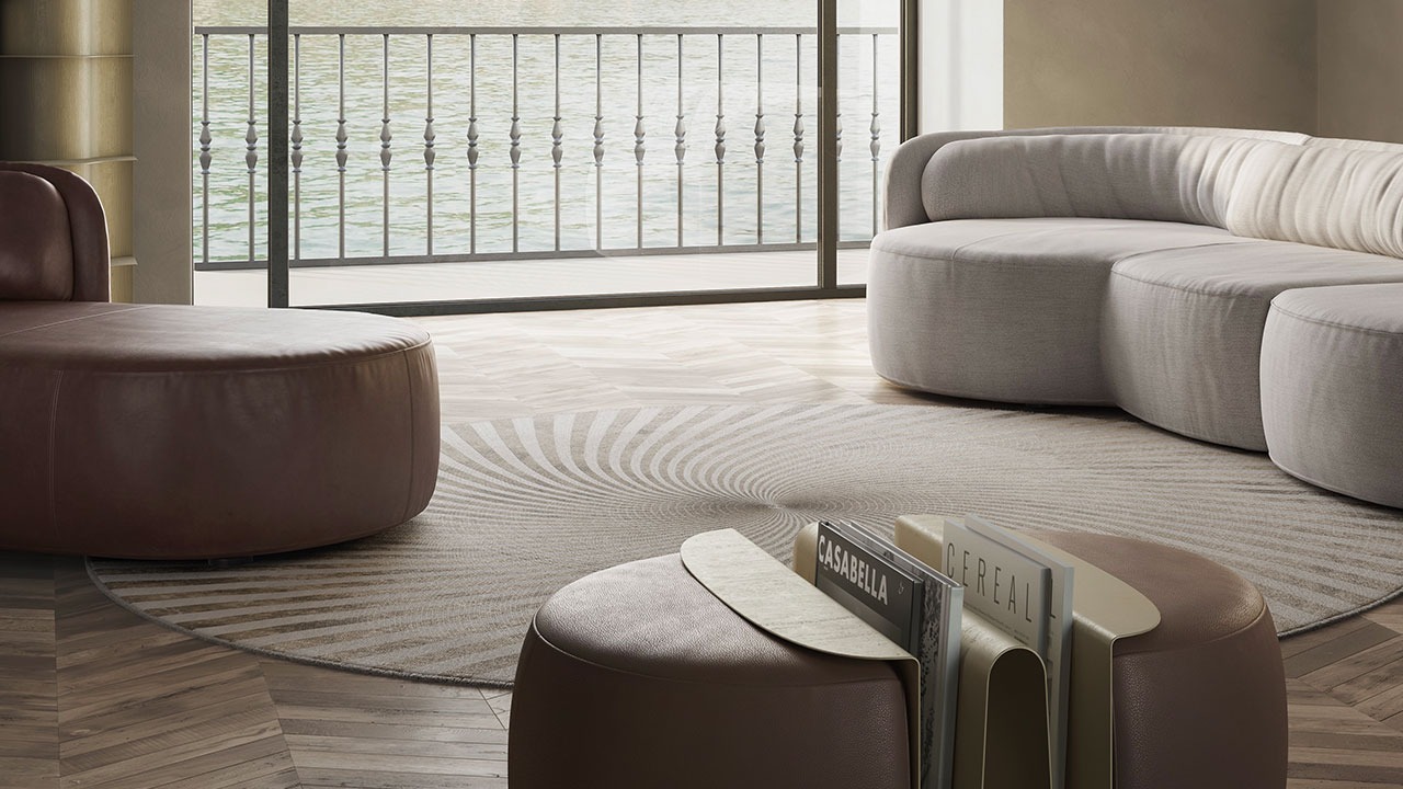 Luxury contemporary Vortex Rug by Elena Salmistraro for Natuzzi Italia, high-end Italian dynamic design for Birmingham, Michigan.