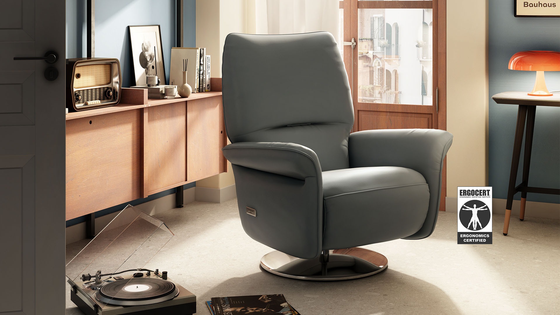 Natuzzi's "Angelica" is a luxurious power recliner armchair with a minimal design and ergonomic comfort. Italian elegance for Royal Oak homes.