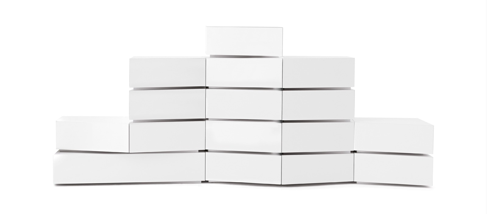 5blocks modular storage unit by Opinion Ciatti in matte white, featuring stackable, interlocking blocks with drawers and flap compartments, displayed in Royal Oak, Michigan showroom.