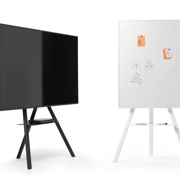 Descartes TV stand by Opinion Ciatti in matte black steel, featuring a minimalist design with integrated cable management and an open shelf, displayed in Royal Oak, Michigan showroom.