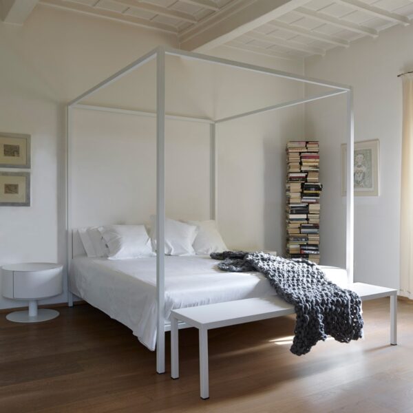 ILletto canopy bed by Opinion Ciatti in gold leaf finish with upholstered headboard, showcased in Royal Oak, Michigan.