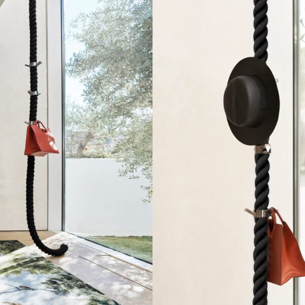La Cima Italian designer coat rack with braided nautical rope and 24K gold hardware, displayed in Royal Oak, Michigan.