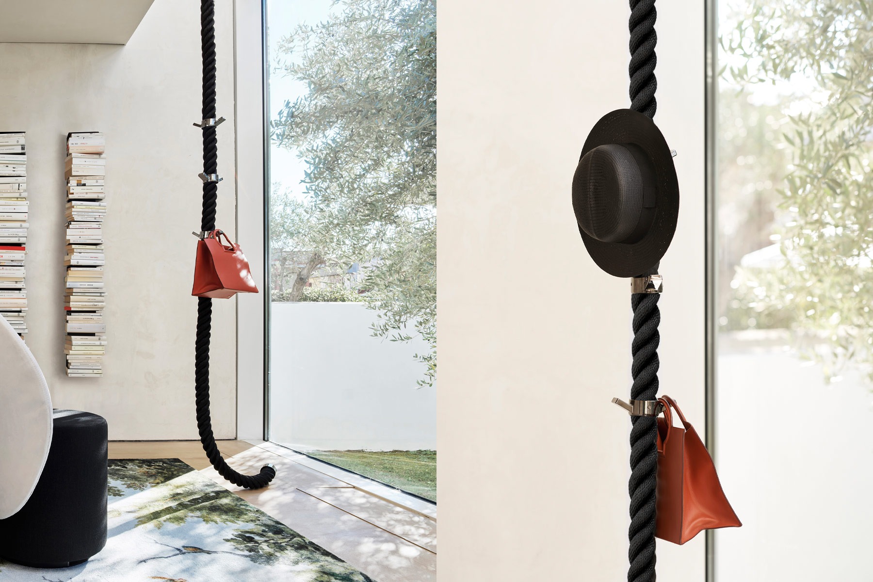 La Cima Italian designer coat rack with braided nautical rope and 24K gold hardware, displayed in Royal Oak, Michigan.