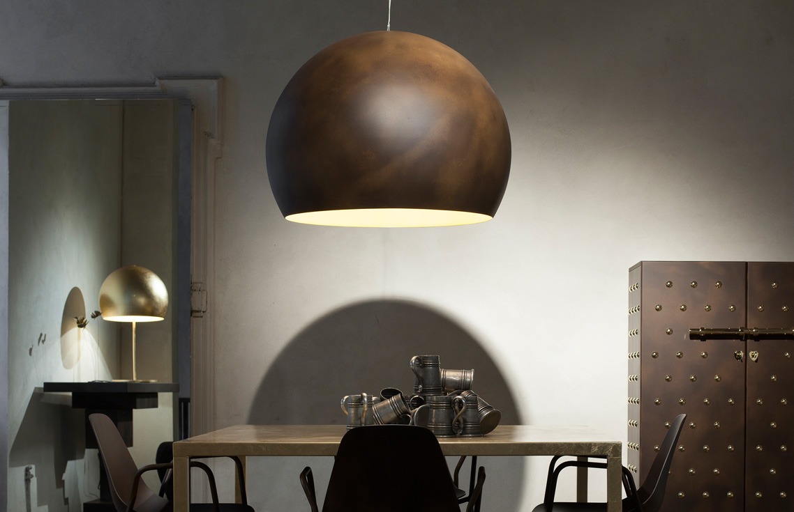 LAlampada Ceiling Lamp by Opinion Ciatti, designed by Lapo Ciatti, featuring a spherical aluminum diffuser with a glossy 24K gold finish, adding a touch of Italian luxury to contemporary interiors in Royal Oak, Michigan.